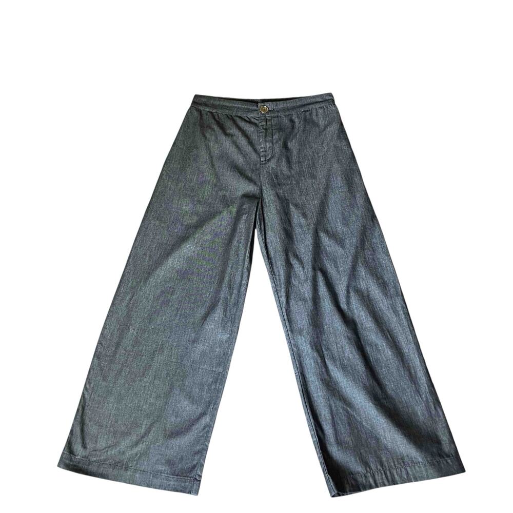 Women's Buru High Rise Flat Front Wide Leg Palazzo Pant Cotton Chambray Size S